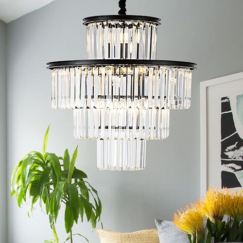 Miniatura 9 de lighceac Candelabro de cristal moderno de 23 pulgadas y 14 luces, 4 niveles, color negro, de lujo, para comedor, sala de estar, cocina, entrada,