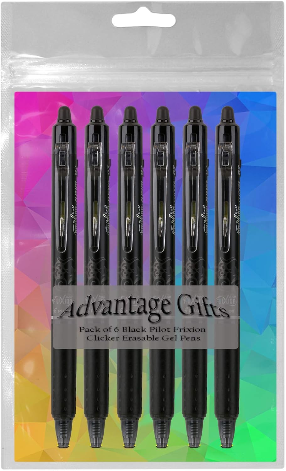 Advantage Gifts Frixion Clicker Retractable Erasable Gel Pens Fine Point (.7mm) Black Ink 6-pk; Bundle with Plastic Reusable Pouch