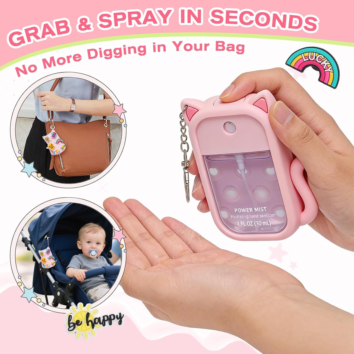 DIOMO Silicone Case Compatible with Touchland Hand Sanitizer Spray 1 FL Oz, Cat Travel Protective Cover Sleeve with Keychain (Pink)