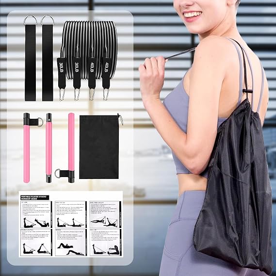 Pilates Bar Kit with Resistance Bands and 1 Pair Brown Double-Layer Leather Weight Lifting Wrist Strap
