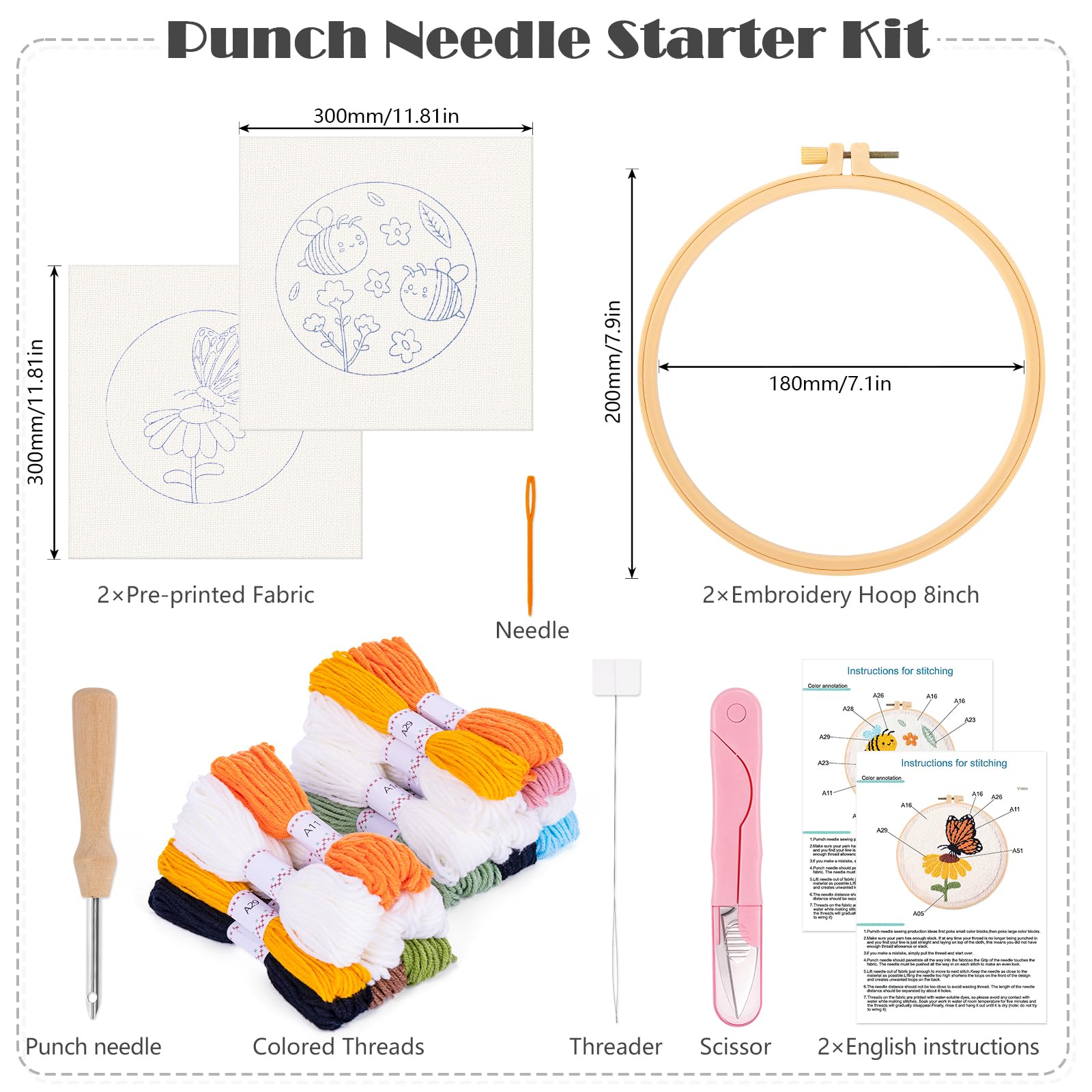 JSRQT 2 Set Punch Needle Ricamo Starter Kit per Principianti, Kit di Ago Perforatore Facile con Motivo Farfalla e Ape Bambini Adulti, Punto Croce con Ago Punzonatura Fatto a Mano per Decorazioni Casa
