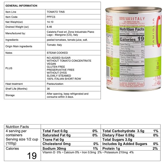 Famiglia Crispino Whole Peeled Tomatoes Premium Italian Pomodori Pelati from Calabria, No Citric Acid No Sugar Added, Non GMO Whole Peeled Tomatoes for Pasta Sauce & Pizza, Made in Italy 14 oz (Pack of 3)