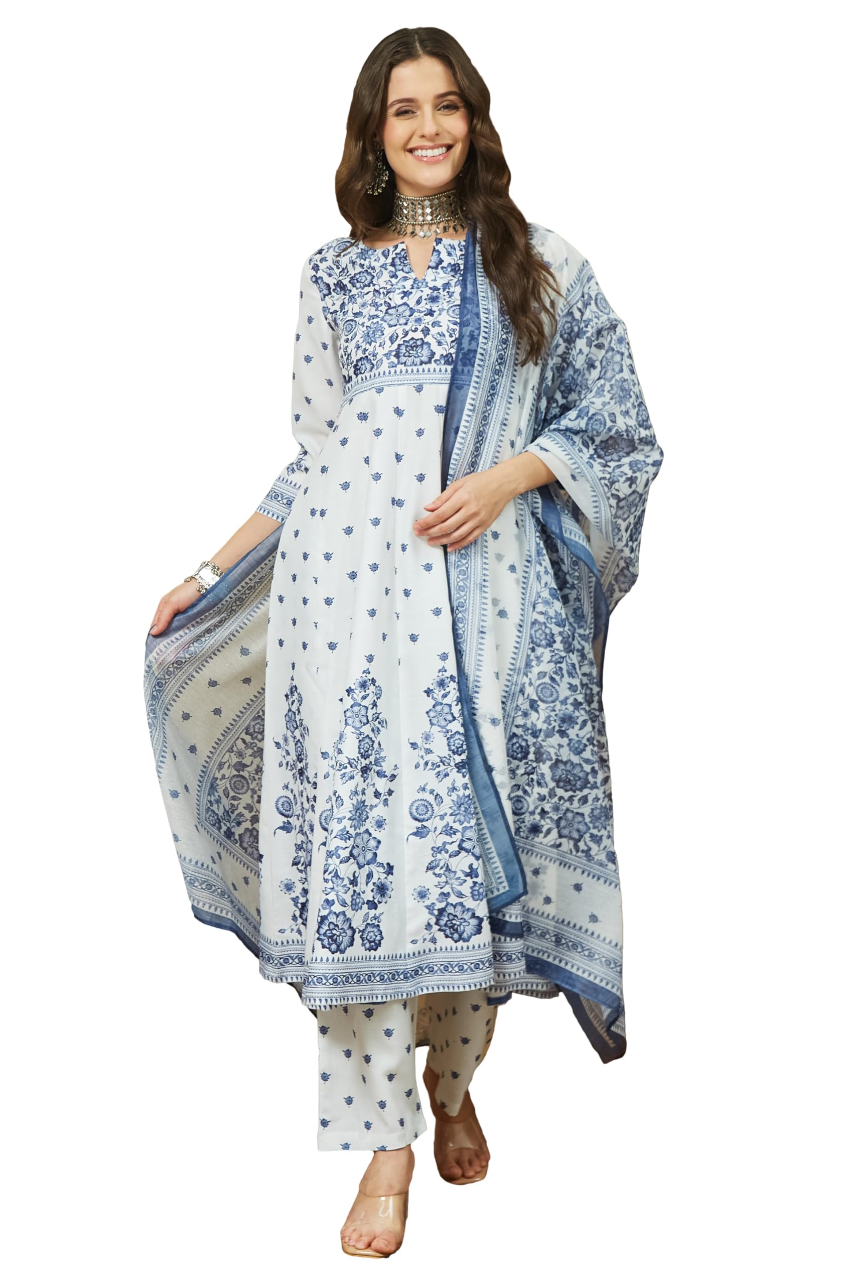 janasya Women's Cotton Blend Floral Printed Anarkali Kurta Set-picture-50