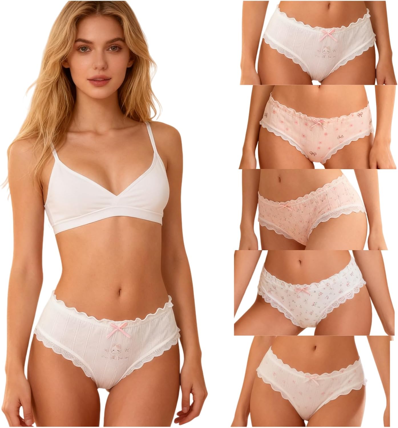 Japanese Kawaii Women's Cotton Underwear - 5 Pack Cute Ruffled Lace Briefs with Bow & Bunny Design, Comfortable and Stylish Panties for Everyday Wear (White Large)