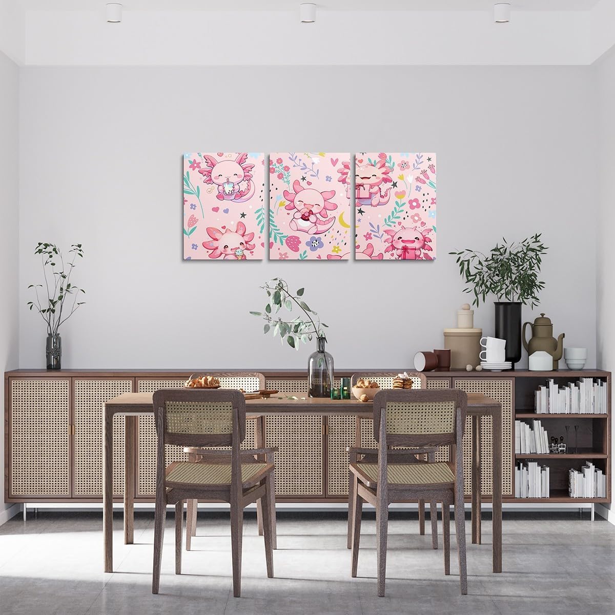 Feelyou Kids Girls Cute Axolot Canvas Wall Art Set Of 3 Pieces,Pink Axolotl Wall Decor Prints Home Artwork for Living Room Bedroom Decor,Ocean Axolotl Paintings Wall Hanging,Kids Girls Room Decor