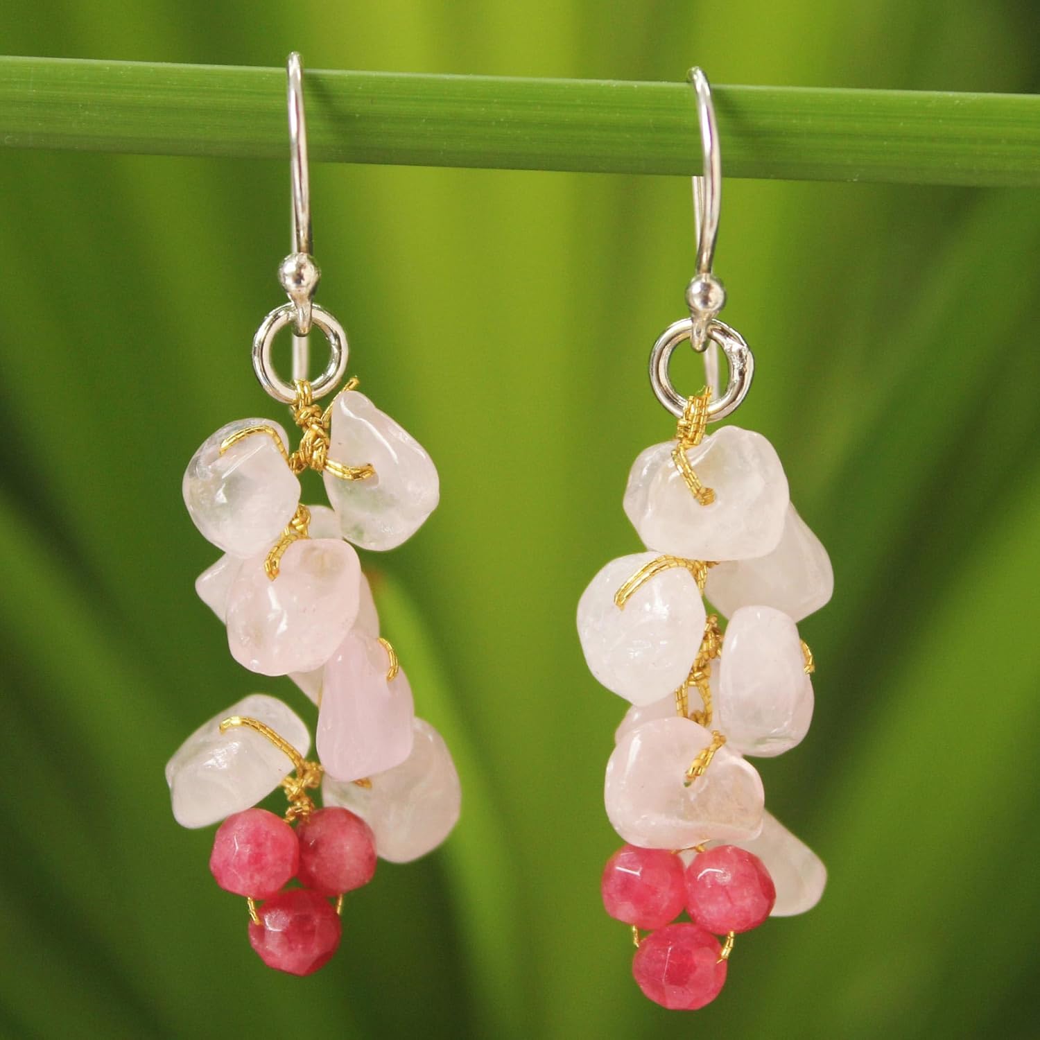 NOVICA Artisan Handmade Rose Quartz Cluster Earrings Beaded Sterling Silver Pink Thailand Strawberry Ice Birthstone [1.7 in L x 0.5 in W] ' Afternoon Pink'