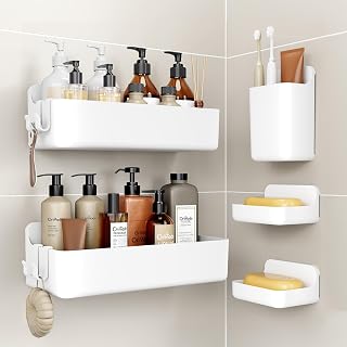 Shower Caddy-5 Pack Rustproof Bathroom Shelves No Drilling, ABS Plastic Shower Shelf Adhesive, Large Capacity,Quick-Dry,White