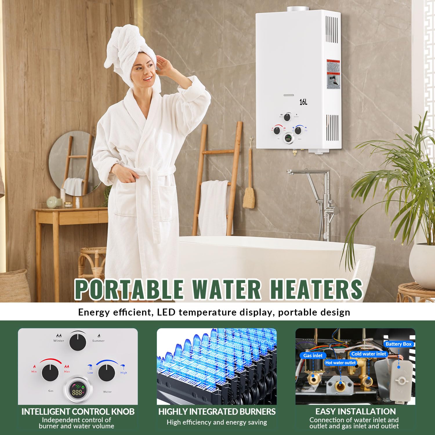 Gas Durchlauferhitzer 16L Propan, Batteriezündung Durchlauferhitzer ohne Stromanschluss, mobiler Warmwasserspeicher für Camping, Wohnmobile, Pferdestall & Reise（weiß）