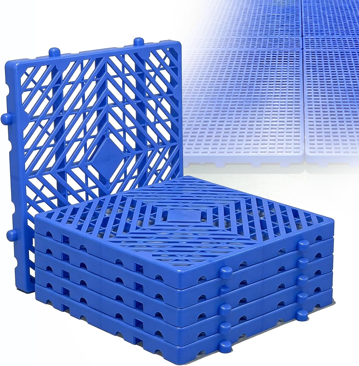 6 Pcs Blue Plastic Pallets Interlocking Pallet with Breathable Grids Waterproof Floor Pallets for Garages Basement Supermarket Indoor and Outdoor(40x40x5cm)