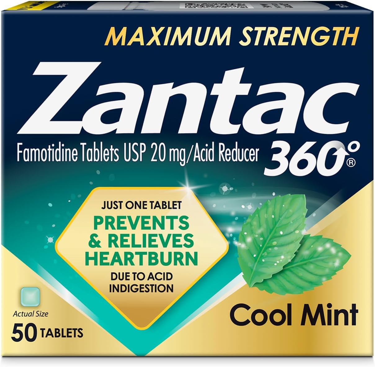 Zantac 360 Maximum Strength, Cool Mint, 50 Count, Heartburn Prevention & Relief, 20mg Tablets