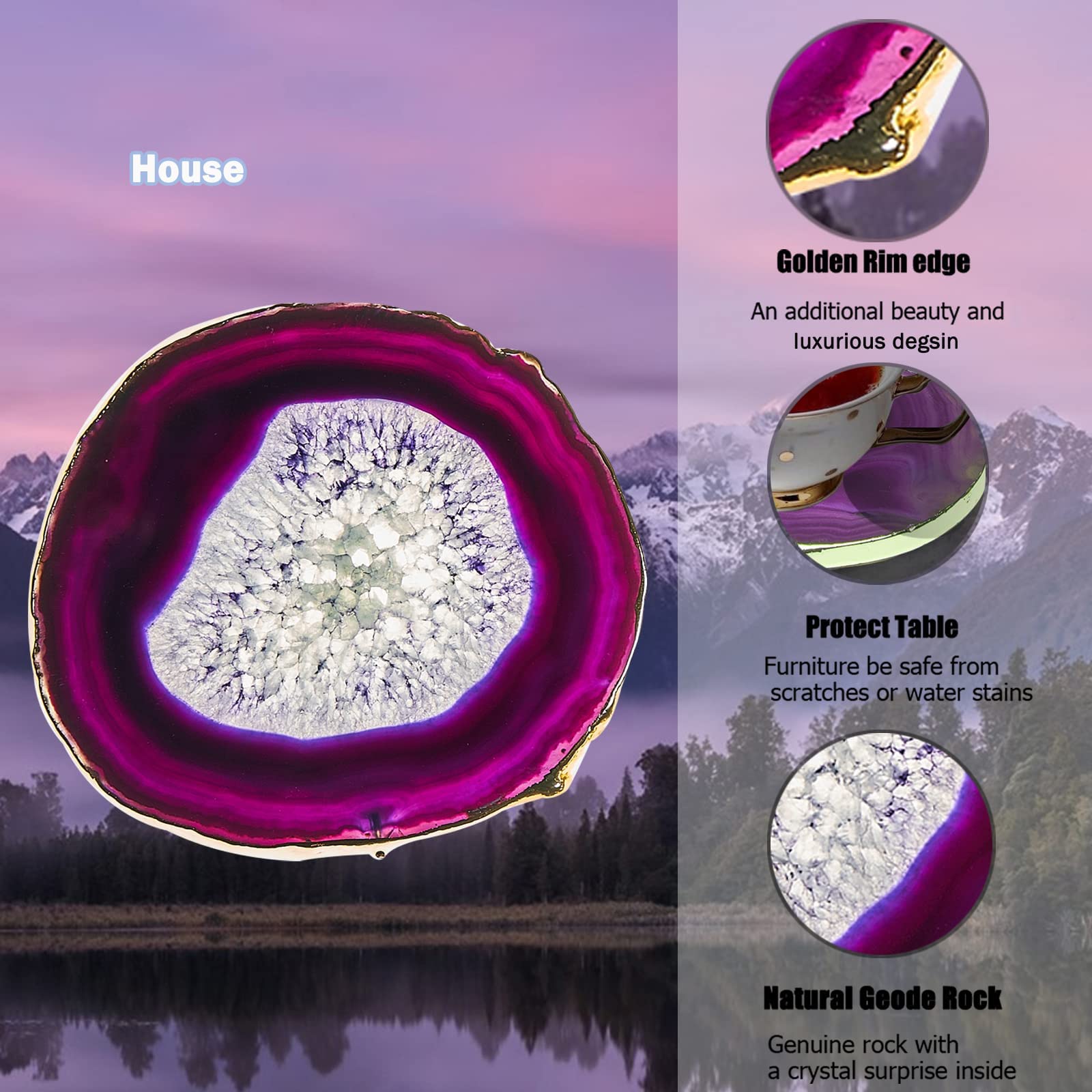 4 sottobicchieri in agata geode per bevande, pietre naturali viola, fette di agata, sottobicchieri, decorazione per la casa per tavolino da caffè