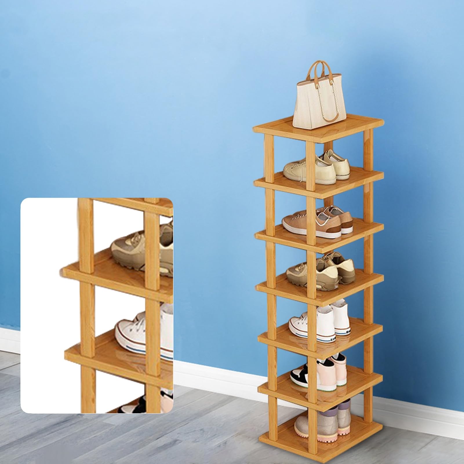 tulkdexi Tall Bamboo Shoe Rack Space Saving Narrow Shoe Rack Organizer, Shoe Racks Storage Wooden, Shoe Shelf Organizer for Bathroom Living Room Entryway Hallway and Cloakroom 7 Tier