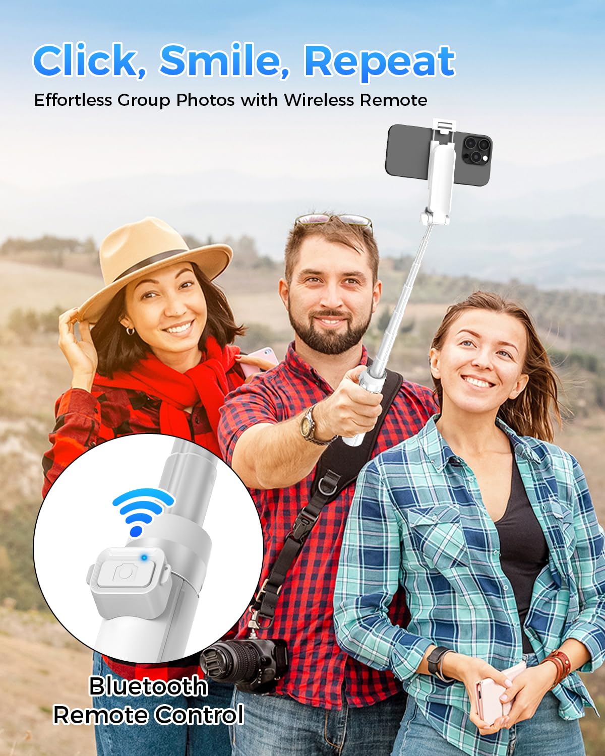 Treppiede per telefono 3 in 1 con luci LED e telecomando, supporto estensibile per selfie, compatto, portatile, con telecomando Bluetooth per iPhone/Android, vlogging e fotografia (bianco)