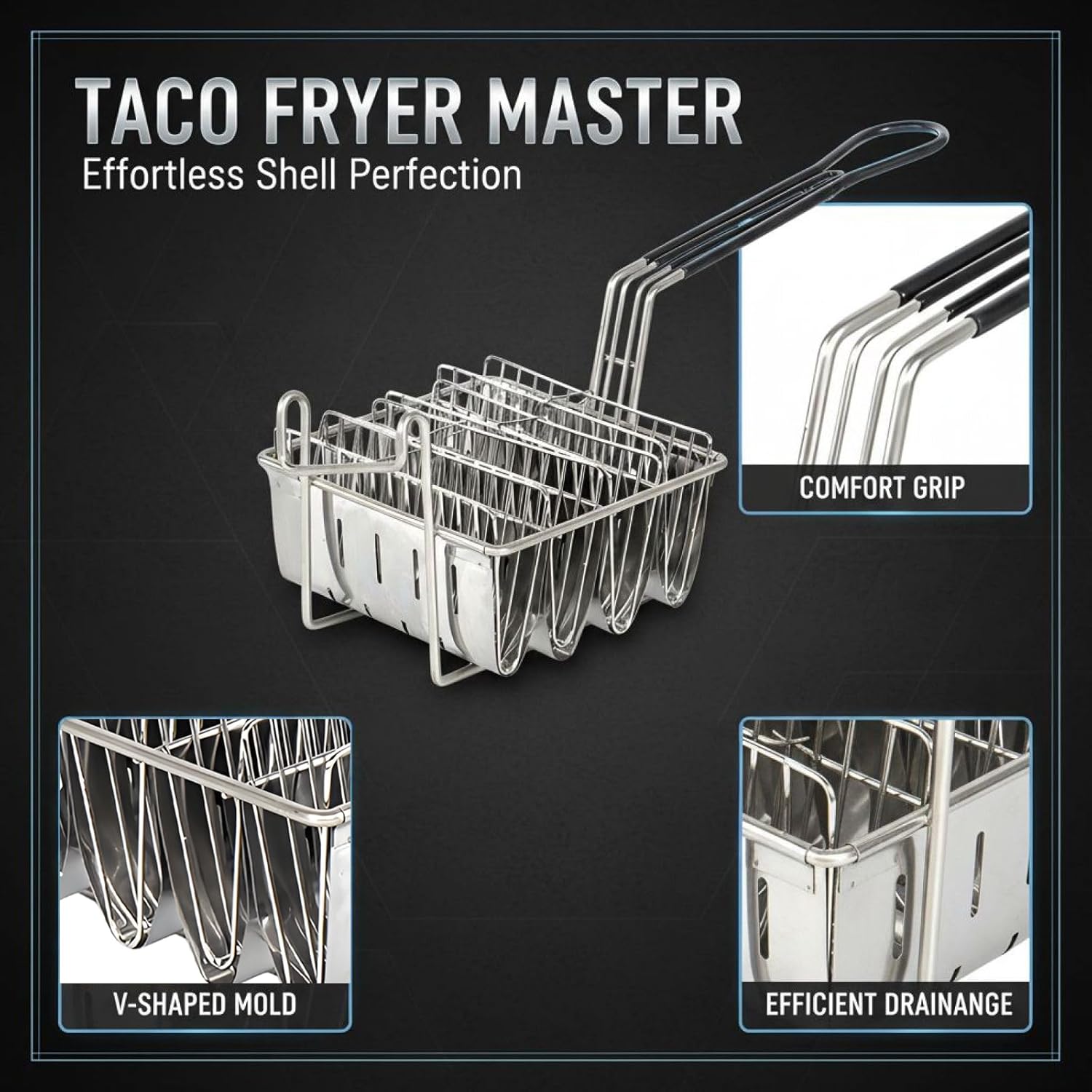 Bosreroy Fryer Basket For 4 Taco Shells, Taco Shell Mold, Iron Taco Shell Maker With Handle, 16.5 X 6.5 X 3.1 In