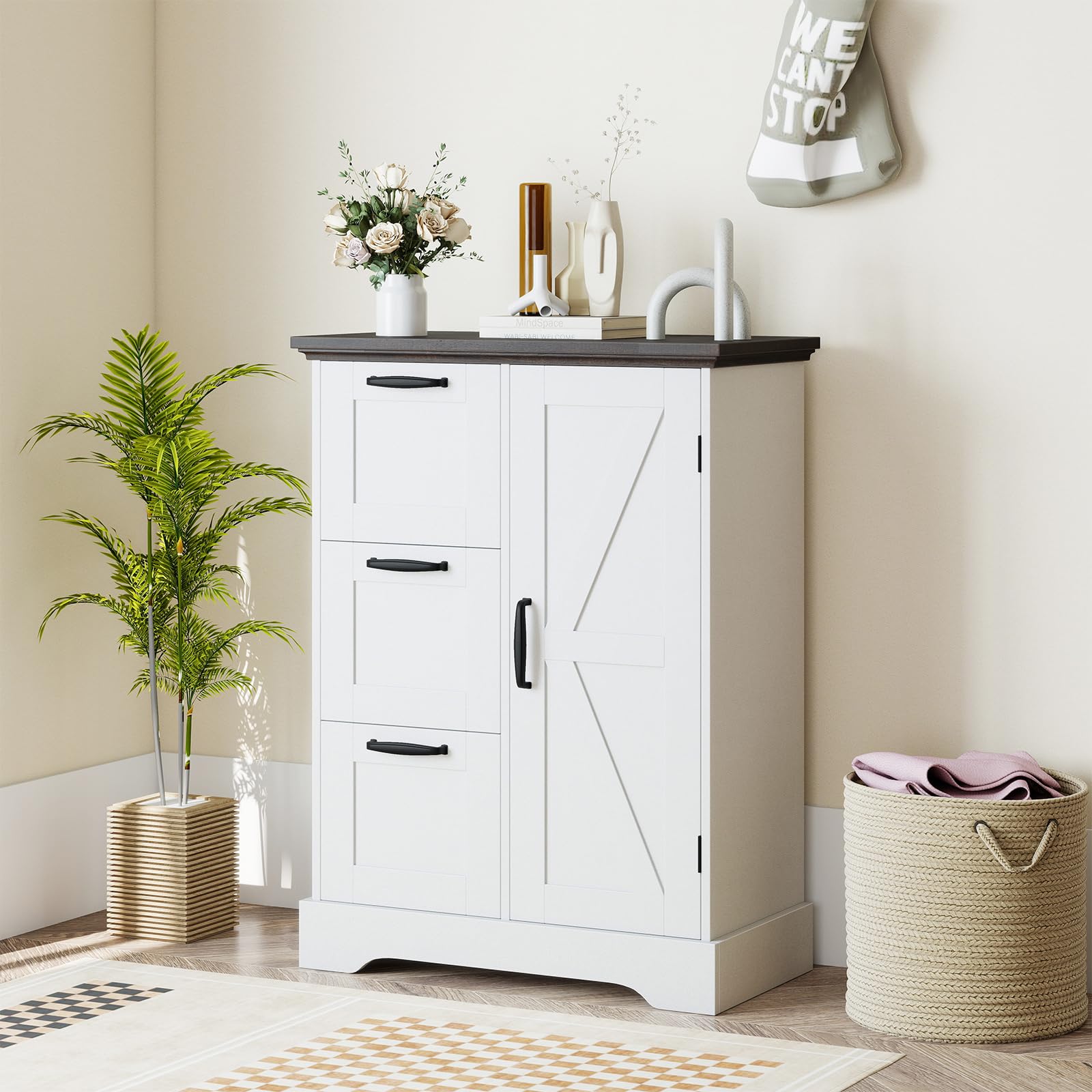 KOMFOTTEU Credenza Cucina con 3 Cassetti e Armadio con Ante, Mobile Cucina Dispensa con Kit Antiribaltamento, Mobiletto Cucina, per Soggiorno, Sala da Pranzo, 60 x 30 x 80 cm (Bianco)