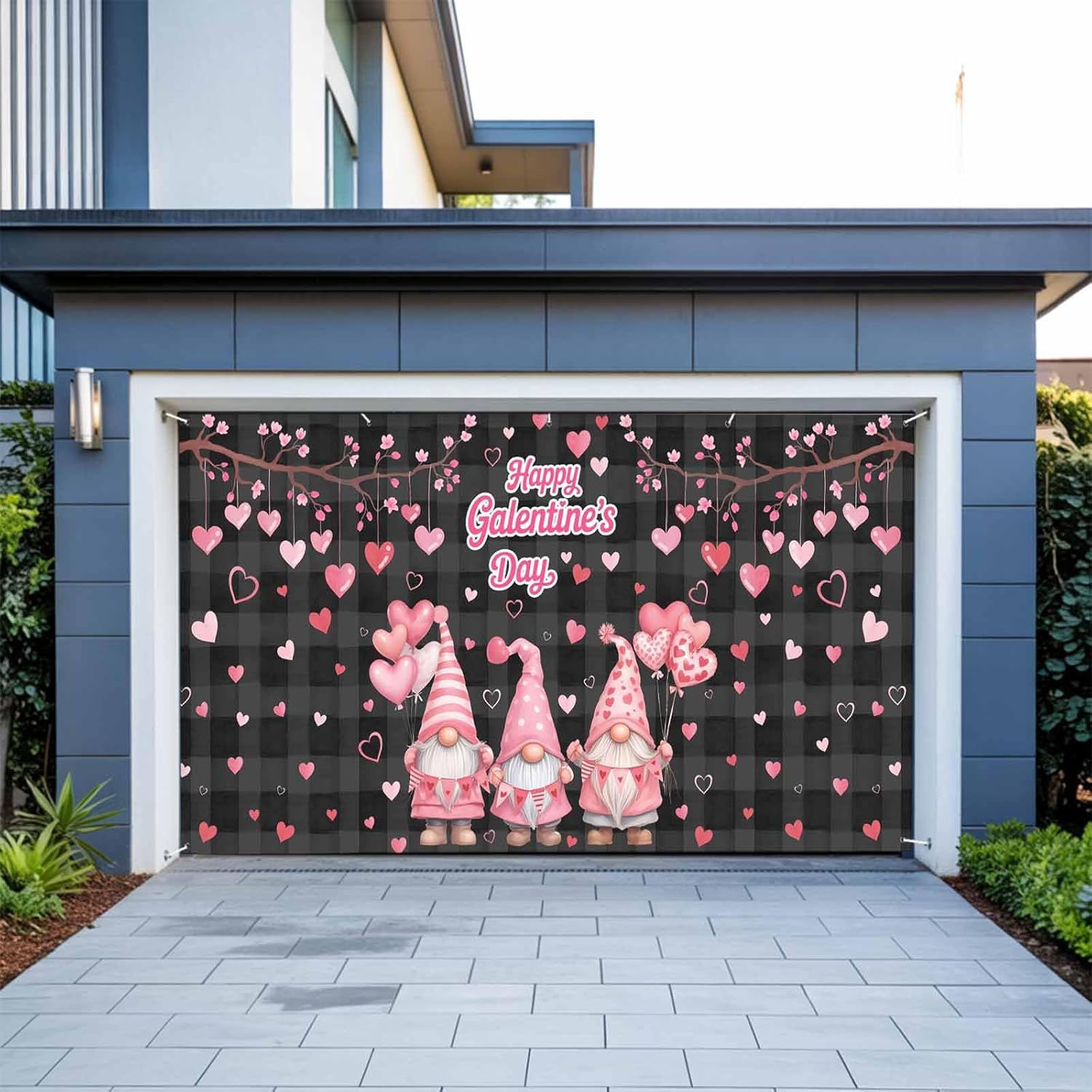 Buddy Festival Dwarfs 7 x 16 ft Garage Door Cover Pink Love Trees Balloons Black Plaid Large Decorations Waterproof Banner for Holiday Outdoor Decor
