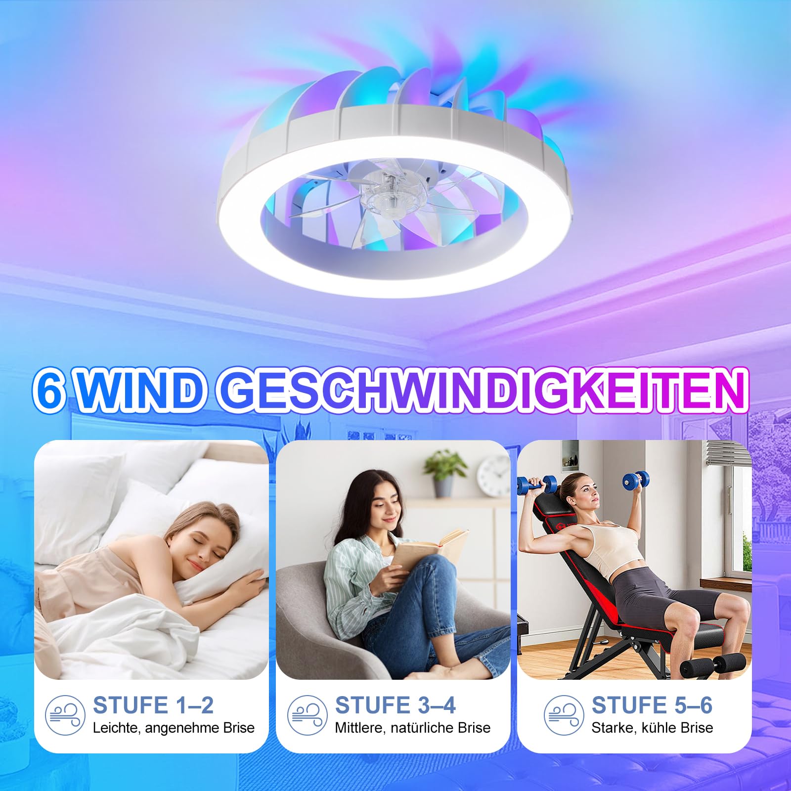 RGB Deckenventilator mit Beleuchtung, 6 Windstufen | Ø50CM RGB Deckenventilator mit Licht und Fernbedienung, Dimmbar Deckenleuchte mit Ventilator Leise, Wohn