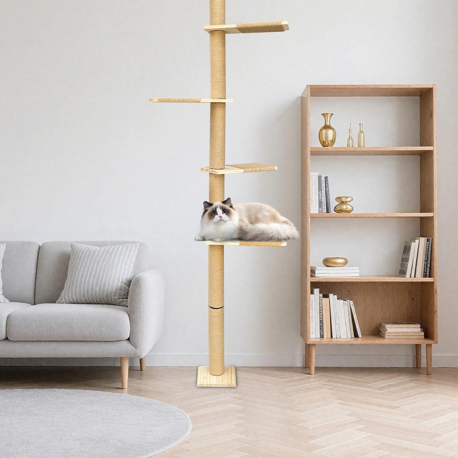 Rascador para Gatos de Poste, Árbol para Gatos, Torre de 5 Niveles hasta el Techo (205 cm), Montado en la Pared, con Corda di Sisal Naturale, para Trepar, Rasguñar y Jugar