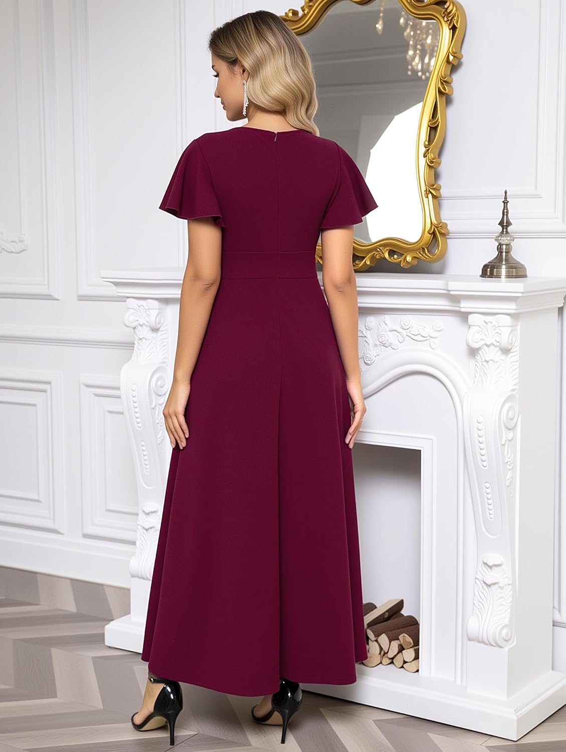 Women’s A-Line Ruffle Maxi Wedding Guest Dresses Short Sleeve Formal Evening Gowns