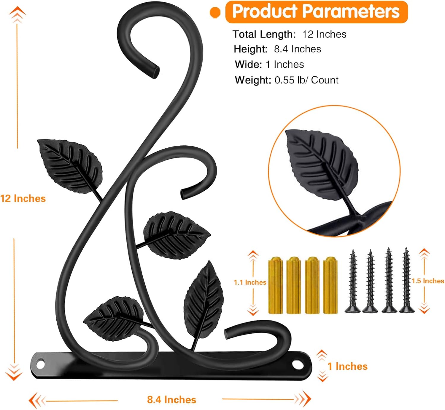 Hanging Plant Bracket, 12 Inch Wall Mount Hanging Plant Hook, Rust-Resistant Decorative Metal Plant Hanger for Flowers, Lanterns, Bird Feeders, Wind Chimes