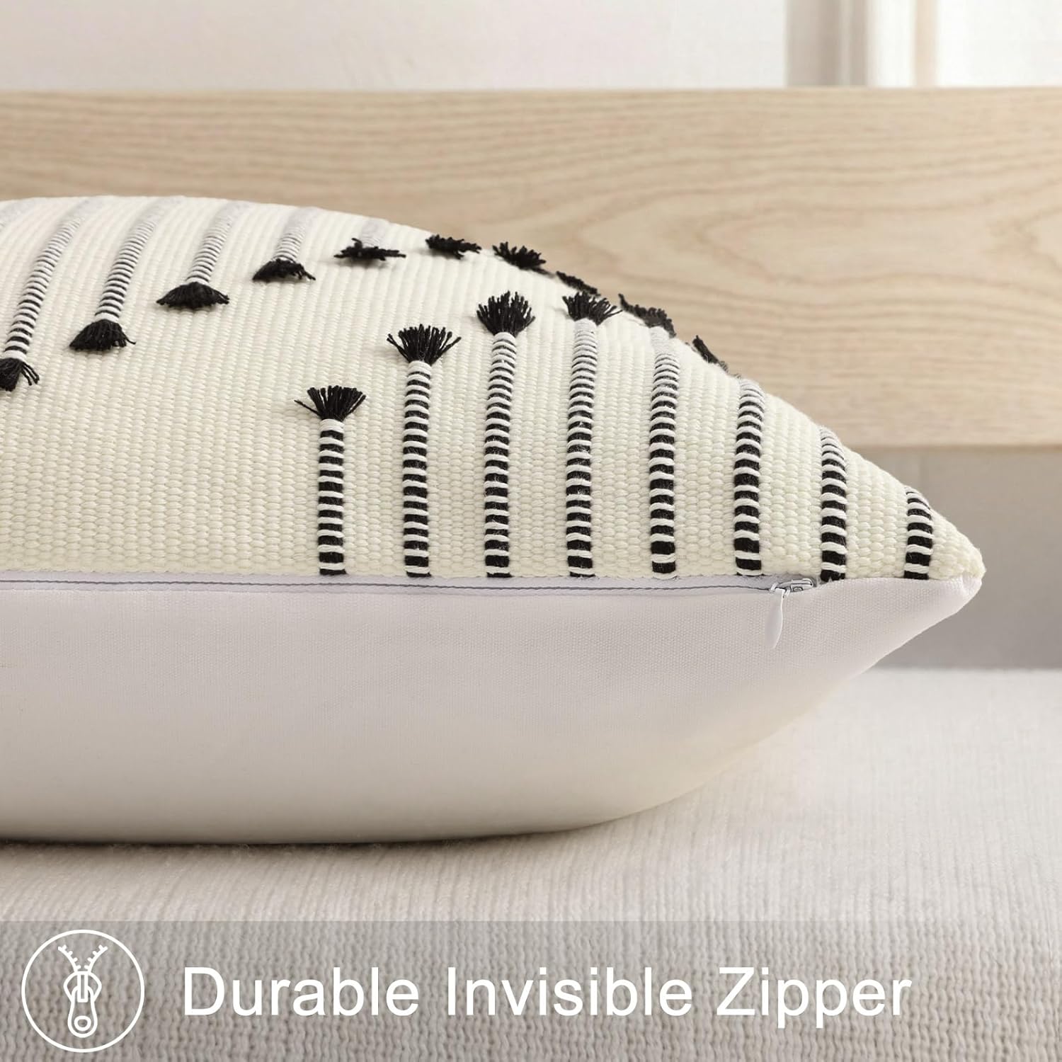 Mecatny Boho Summer Outdoor Throw Pillow Covers 18X18 Set of 2, Farmhouse Decorative Pillow Covers for Couch Sofa Living Room, Beige & Black