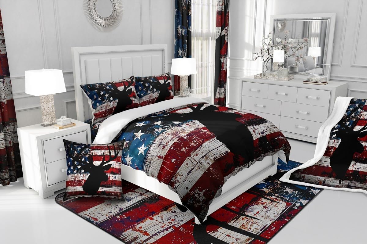 Feelyou American Flag Sheet Set for Girls Boys Kids Deer Sheets with Deep Pocket Fitted Sheet Room Decorative Antlers Bed Sheets Set Farmhouse Deer Hunting Red Blue Bedding Set Room Decor Queen Size