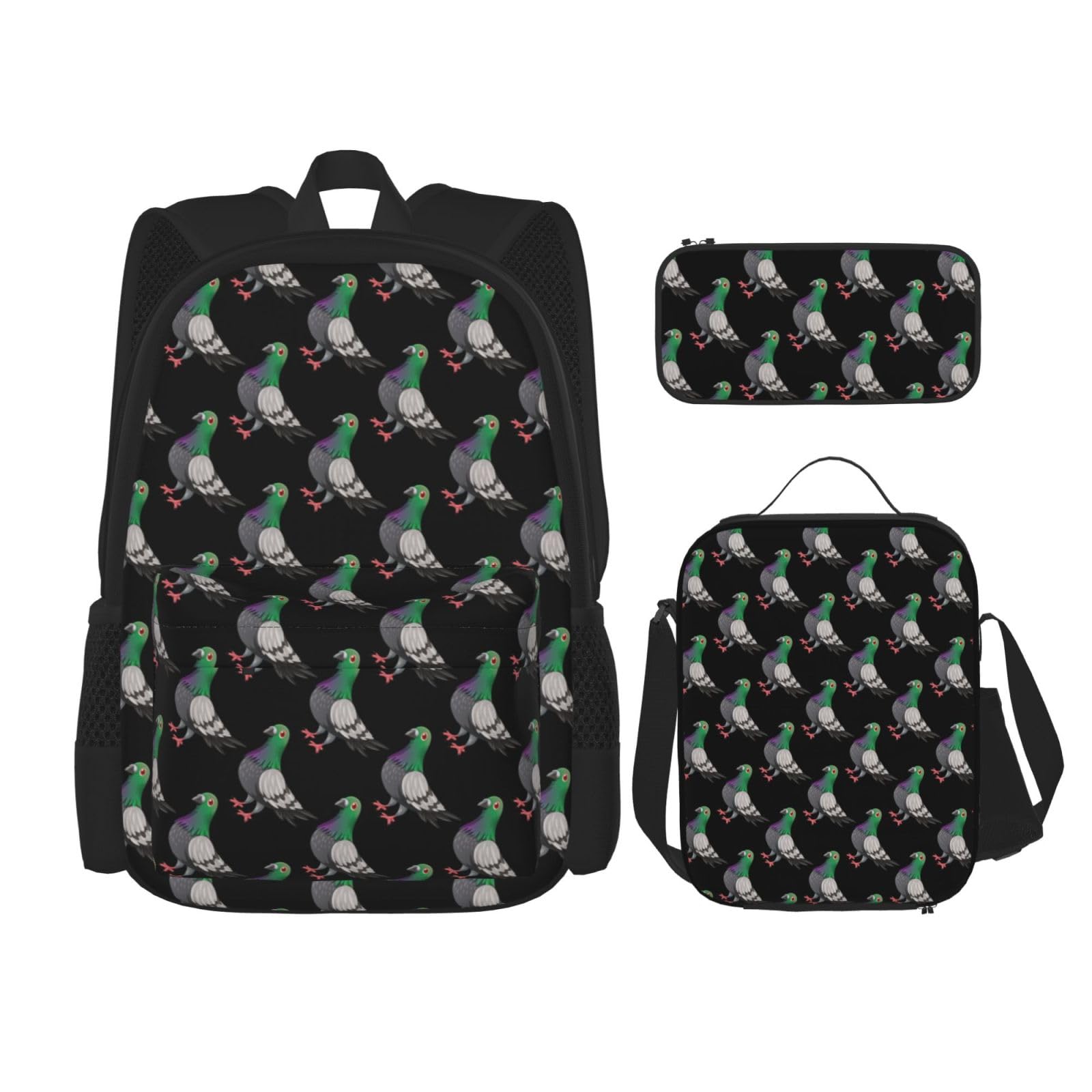 Juego de 3 mochilas escolares con estampado de palomas de dibujos animados, mochila para laptop resistente al agua de gran capacidad con bolsa de almuerzo aislada y estuche para lápices para