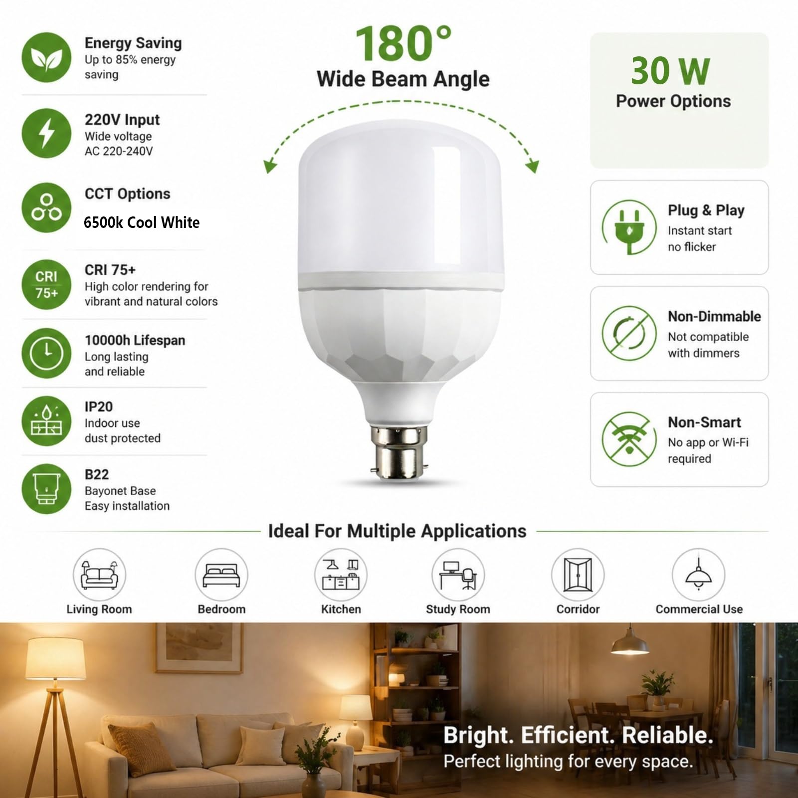 Lampadina LED B22 a baionetta 30W Luce Bianca Fredda 6500K equivalente 300W Anti-sfarfallio Lunga durata per Soggiorno Camera da letto Cucina Non dimmerabile(6 Pack)