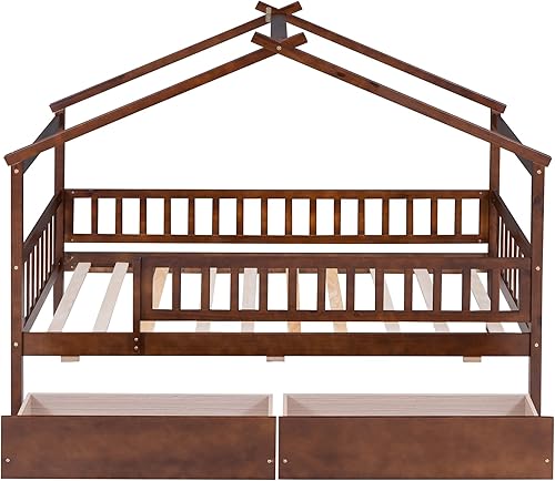 Miniatura 149 de Cama de casa de tamaño individual con 2 cajones, marco de cama de madera y barandilla de seguridad. Ahorra espacio, ideal para el dormitorio de un