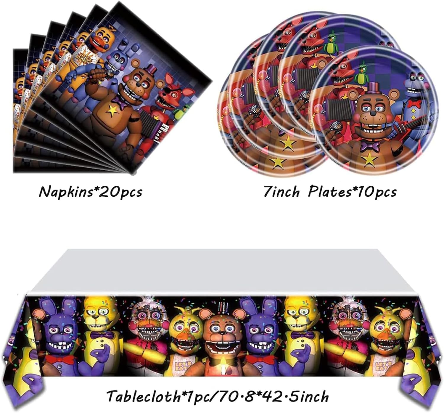 5 Nights Birthday Supplies, Freddy's Party Decorations include Banner, Tablecloth, Plates and Napkins for Teens Kids Adults Party Decor