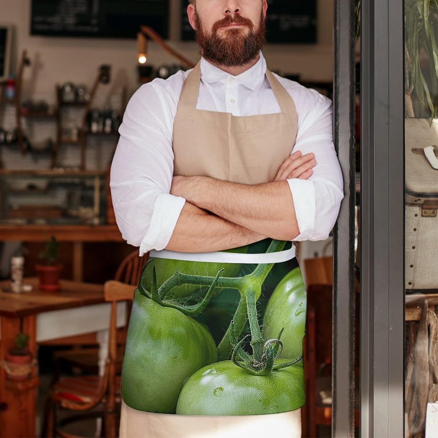 Green Tomatoes Image Server Apron With 3 Pockets Water Resistant Waist Apron Half Apron For Waiter Bartender Barista Restaurant And Kitchen