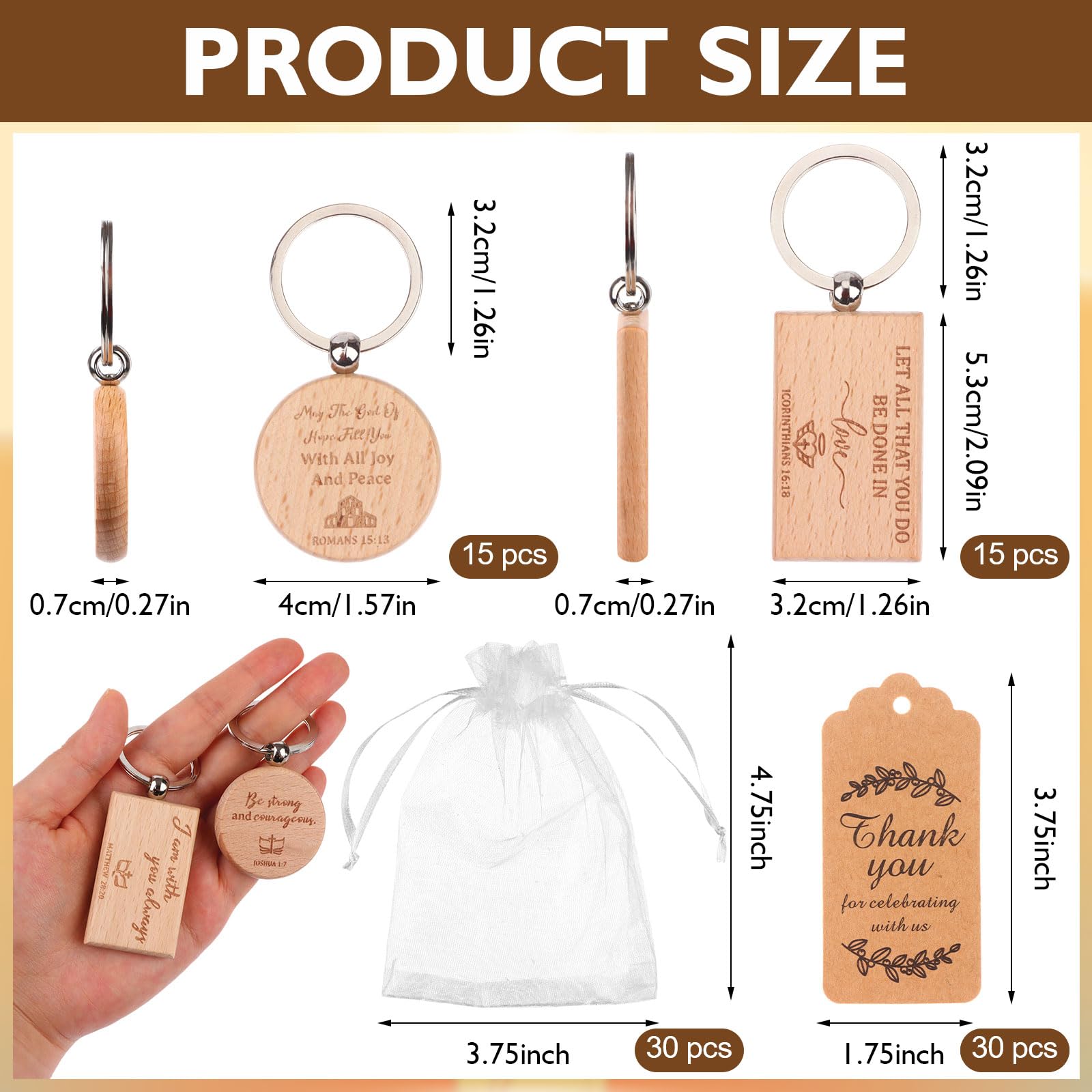 90 Pcs Wooden Bible Inspirational Keychains Appreciation Gifts Bible Verse Bulk Key Rings with Thank You Card & Organza Bags Christian Quotes Wood Keyrings for Prayer Inspirational Engraved Party - Image 2