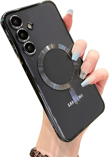Threehundred Funda magnética transparente para Samsung Galaxy S24 Plus con protector de lente de cámara, protección completa MagSafe de silicona