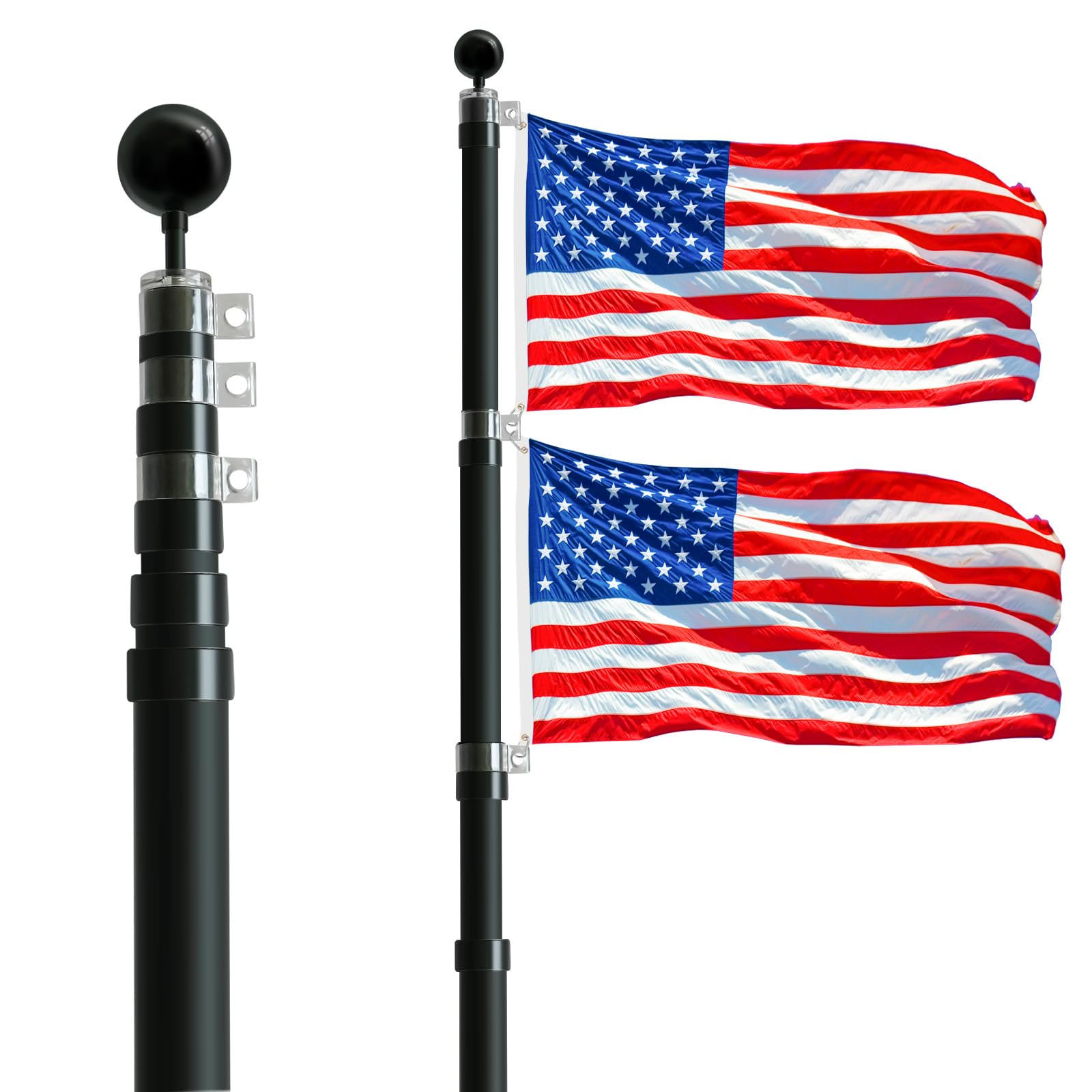 Vedouci - Asta telescopica per bandiera, da 50 m, senza grovigli, con bandiera americana, in alluminio, con bandiera USA ricamata, 3 x 5 cm, con palla dorata per attività commerciali o residenziali