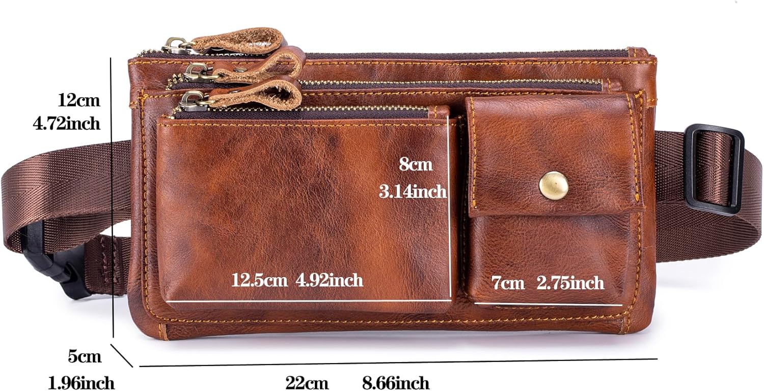 Genuine Leather Fanny Pack Waist Bag for Men Women Clutch Bag Hip Bum Travel Pouch Sling Crossbody Chest Bags Shoulder Daypack Multiple Pockets Waist Pack Brown - Image 6