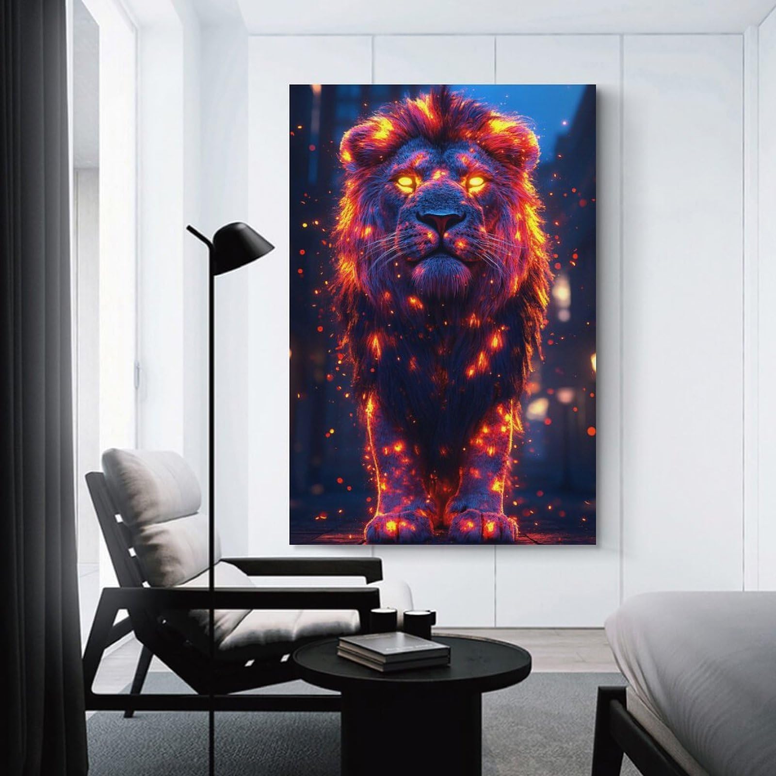 Junmoney Fiery Lion in Urban Setting Home Decor Wall Art, 12x18inch(30x45cm), for Lounge, Bedroom Or Personal Spaces, Gift Idea for Housewarming And Birthdays