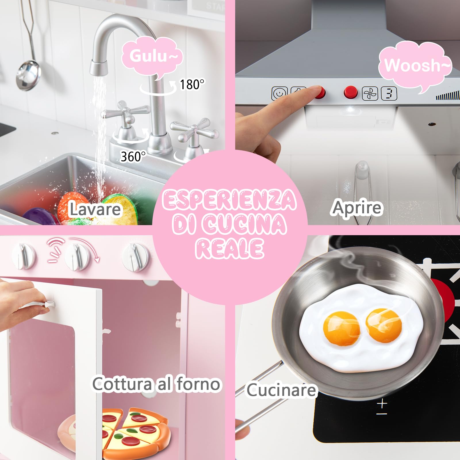 GYMAX Cucina Giocattolo per Bambini in Legno, Gioco Cucina con Accessori, Set da Gioco per Bambini con Luci e Suoni, Kit da Cucina Montessori con Abbricatore di Ghiaccio dai 3 Anni + (Stile 3)