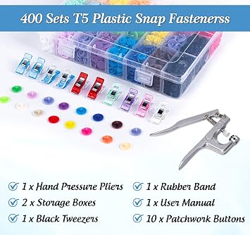 400 Set Frosted Poppers Fasteners,T5 Plastic Press Studs with Pliers