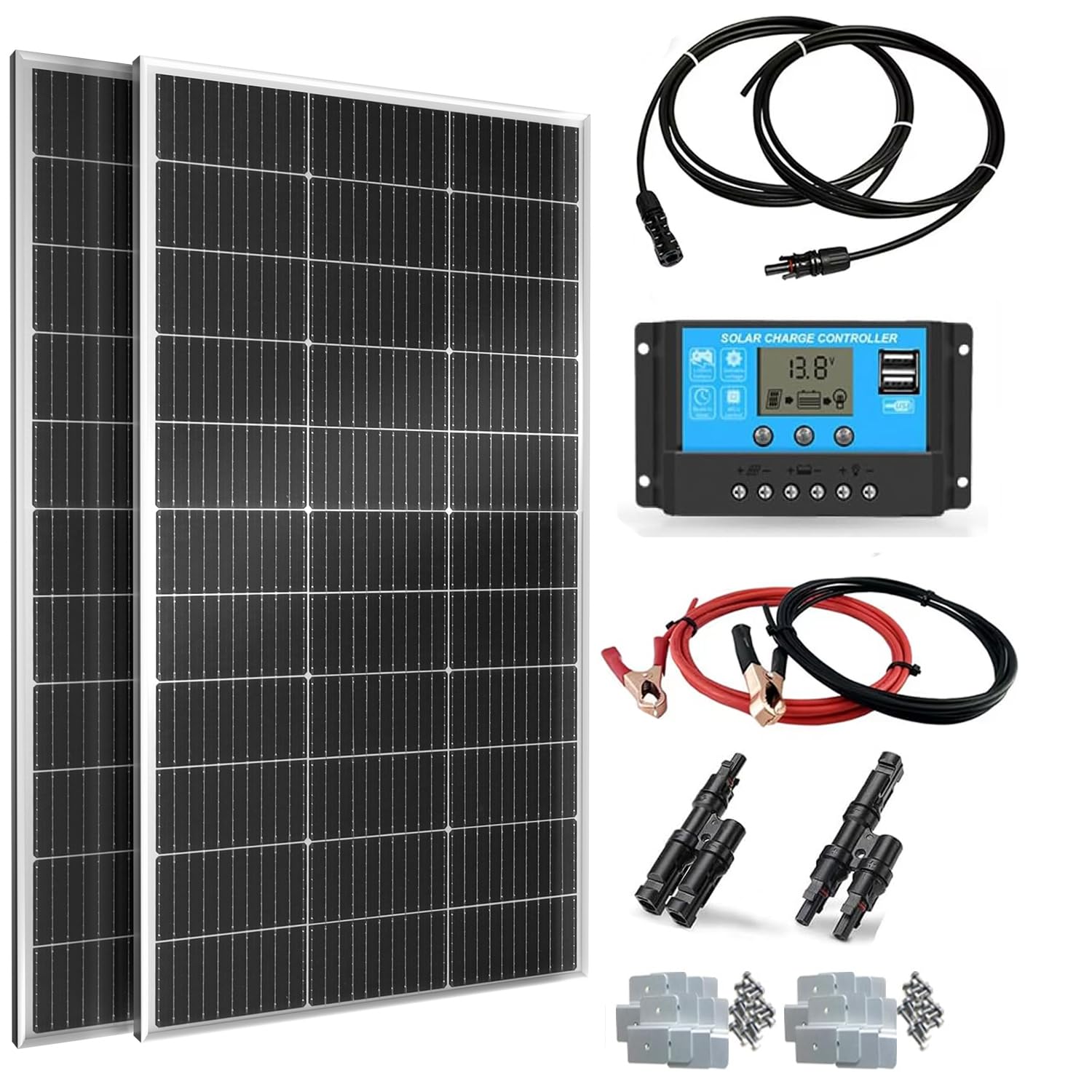 300W Solarpanel-Kit Set, Monokristallines 18V 2X150Watt Glas Solarmodul+20A 12V/24V Solarladeregler+Solarkabel Off-Grid-System für 12V Batterien Solaranlage Wohnmobil Balkon Photovoltaik