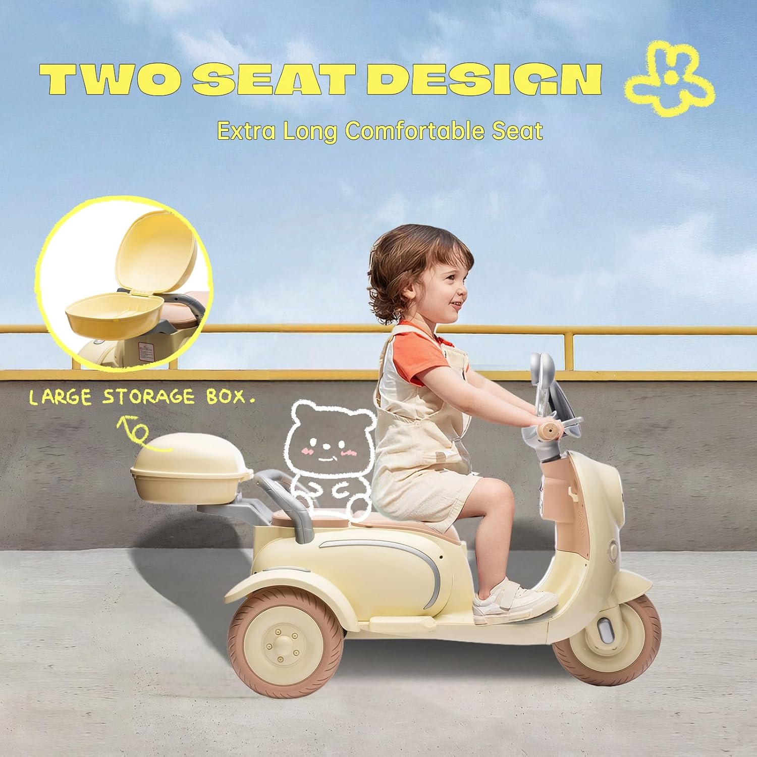 2025 Upgrade 2 Seats Kids Motorcycle with 2 Motors, 12V Ride On Electric Car, 3 Wheels Motorbike with USB, Bluetooth, Light, Storage Box, 2 * 30W Motorcycle for Kids Aged 3+, Beige