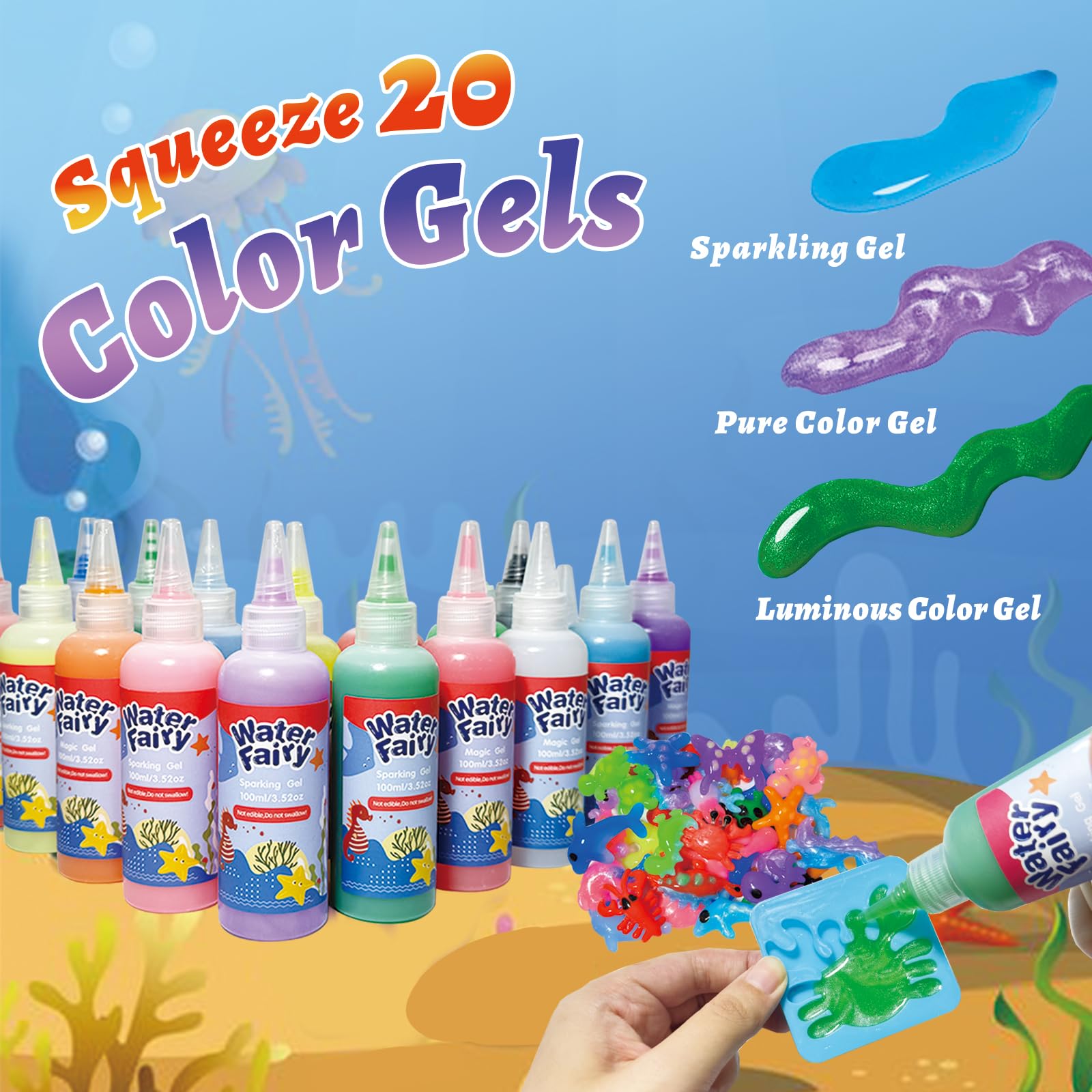 ZLDHMA Magic Water Elf Kit 50 Pcs – Aqua Gelz Set Creativo 3D con 100ML 20 Geles de Colores y 16 Moldes – Juguete Educativo DIY para Niños y Niñas 3+ Años – Regalo Original Infantil