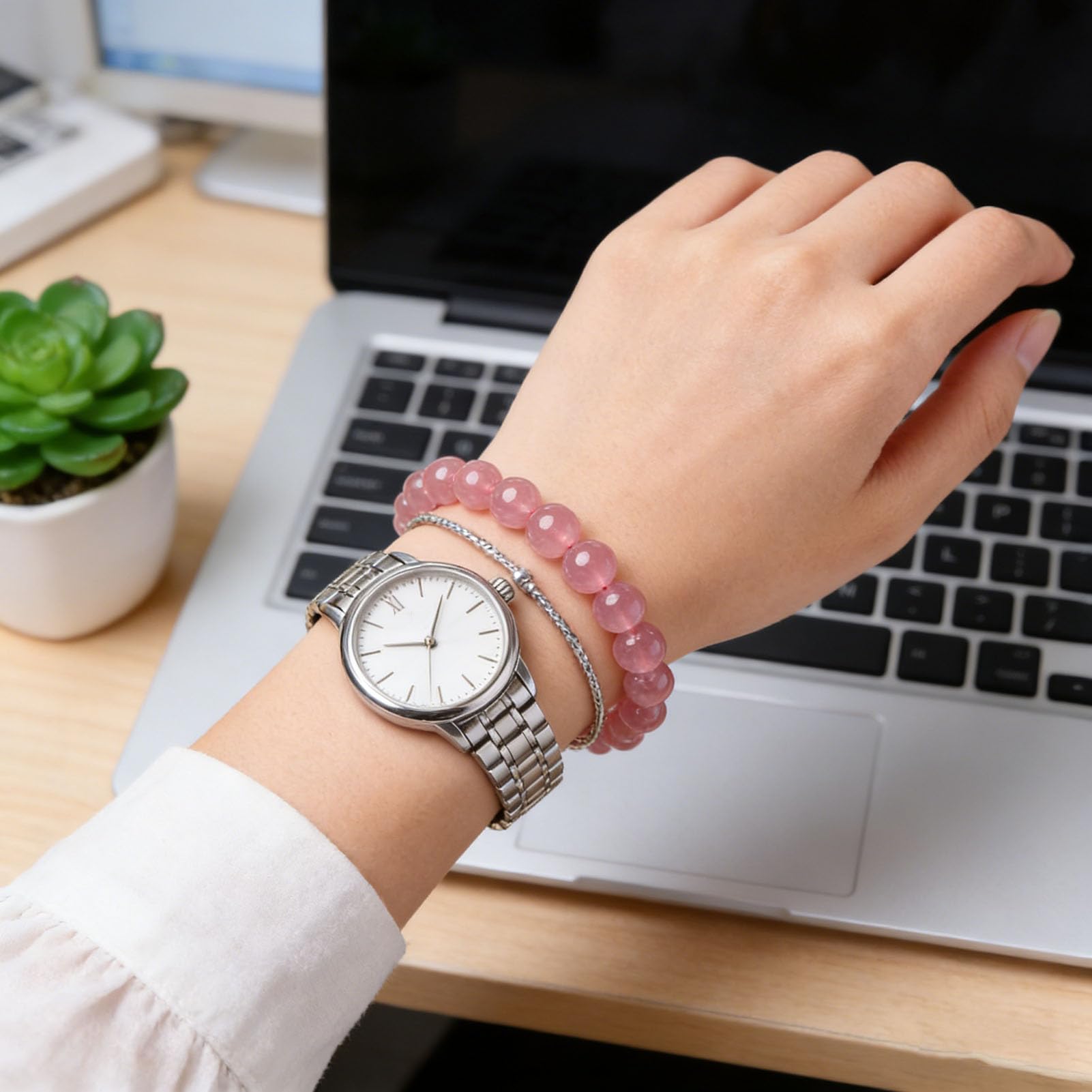 Pulsera de Cuarzo Rosa para Mujer, Pulsera elástica de Cristal Rosa Natural para el Amor, la compasión y la armonía Emocional, joyería de Piedra elástica Ajustable,10MM