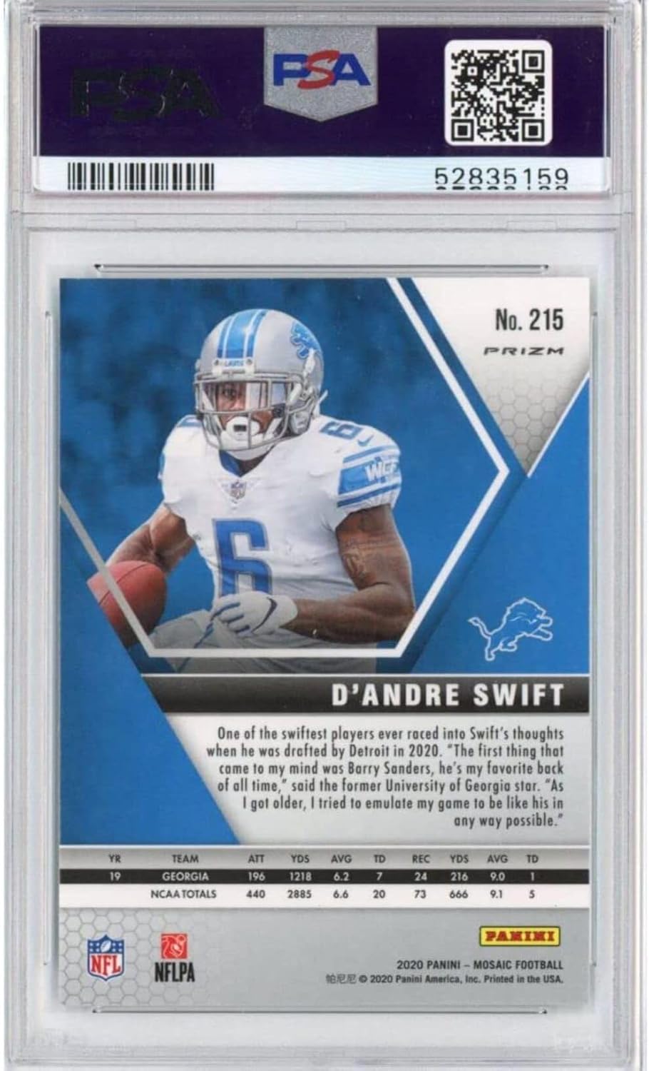 Graded 2020 Panini Mosaic D'Andre Swift #215 Green Rookie RC Football Card PSA 10 Gem Mint