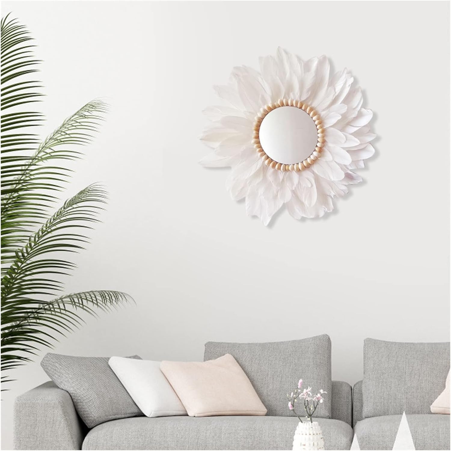 Dressing Mirror Nordic Feather Mirror Anti-Drop Bedroom Decoration Mirrors Wall Decoration Conch Wall Hanging Ornament for ?Living Room Home Essentials (Color : Grey) (White) image 4