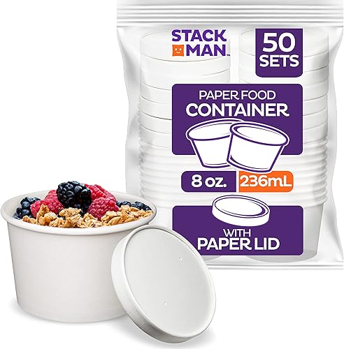 8 onzas - 50 juegos Recipiente de papel para alimentos con tapa, taza de papel aislada para alimentos con tapa ventilada de papel, recipientes