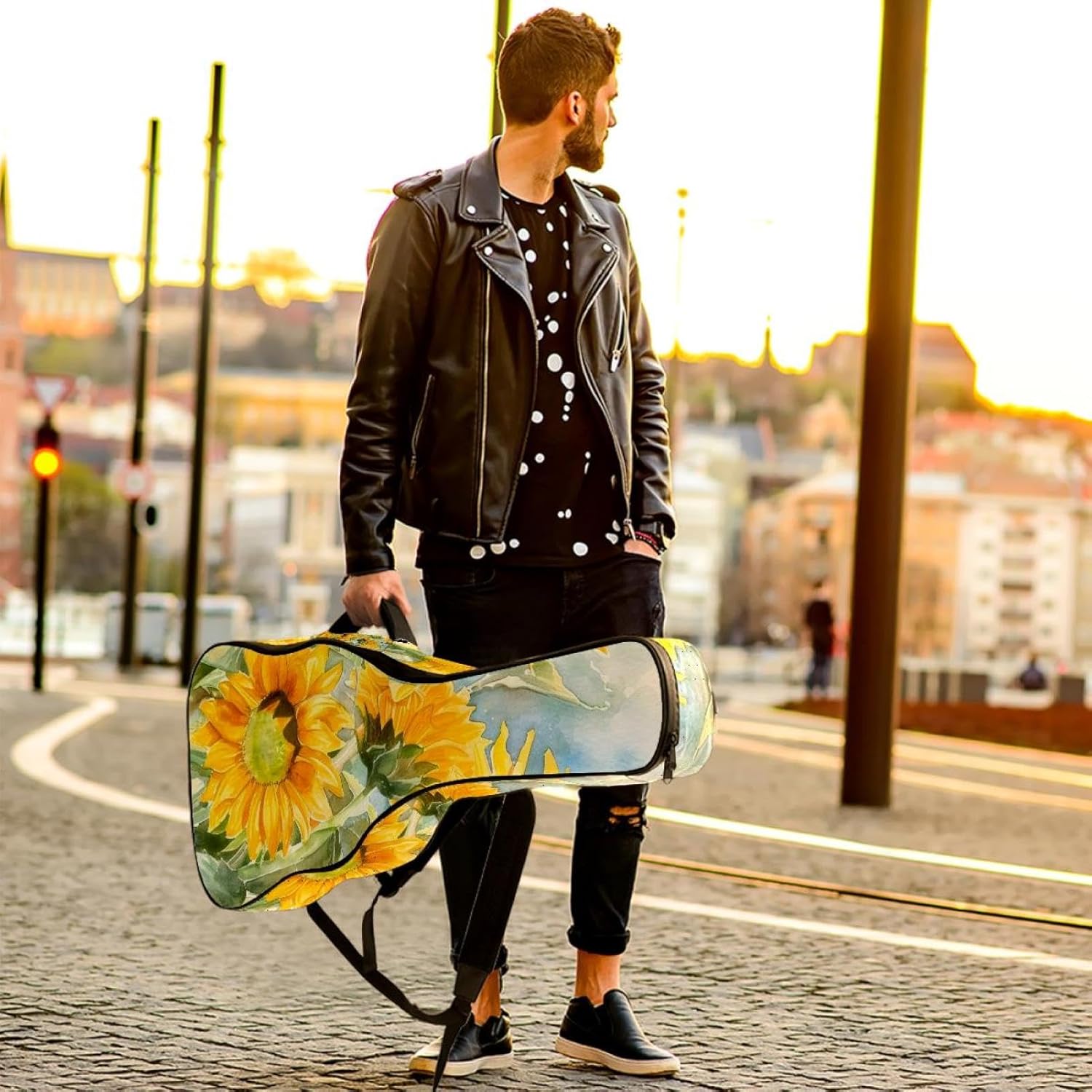 Acoustic Guitar Bag, 40 41 42 Inch Guitar Case Cover Soft Guitar Gig Bag for Acoustic Electric Bass Classical Guitar, Watercolor Yellow Sunflowers Pattern