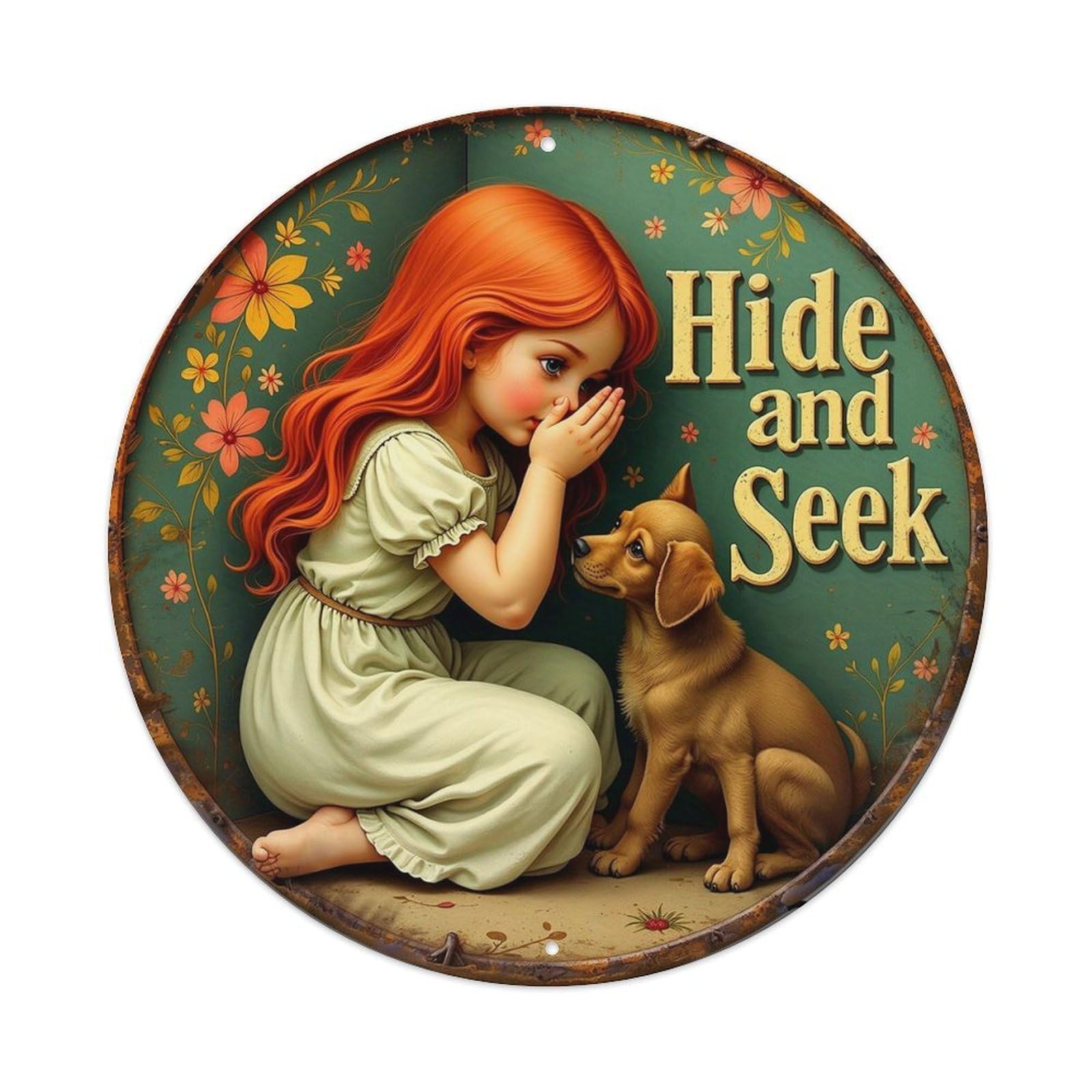 Floral Background Girl Dog Text Round Tin Sign Vintage Metal Sign Home Bar Garden Indoor & Outdoor Wall Decor Retro Metal Poster 8x8 Inch