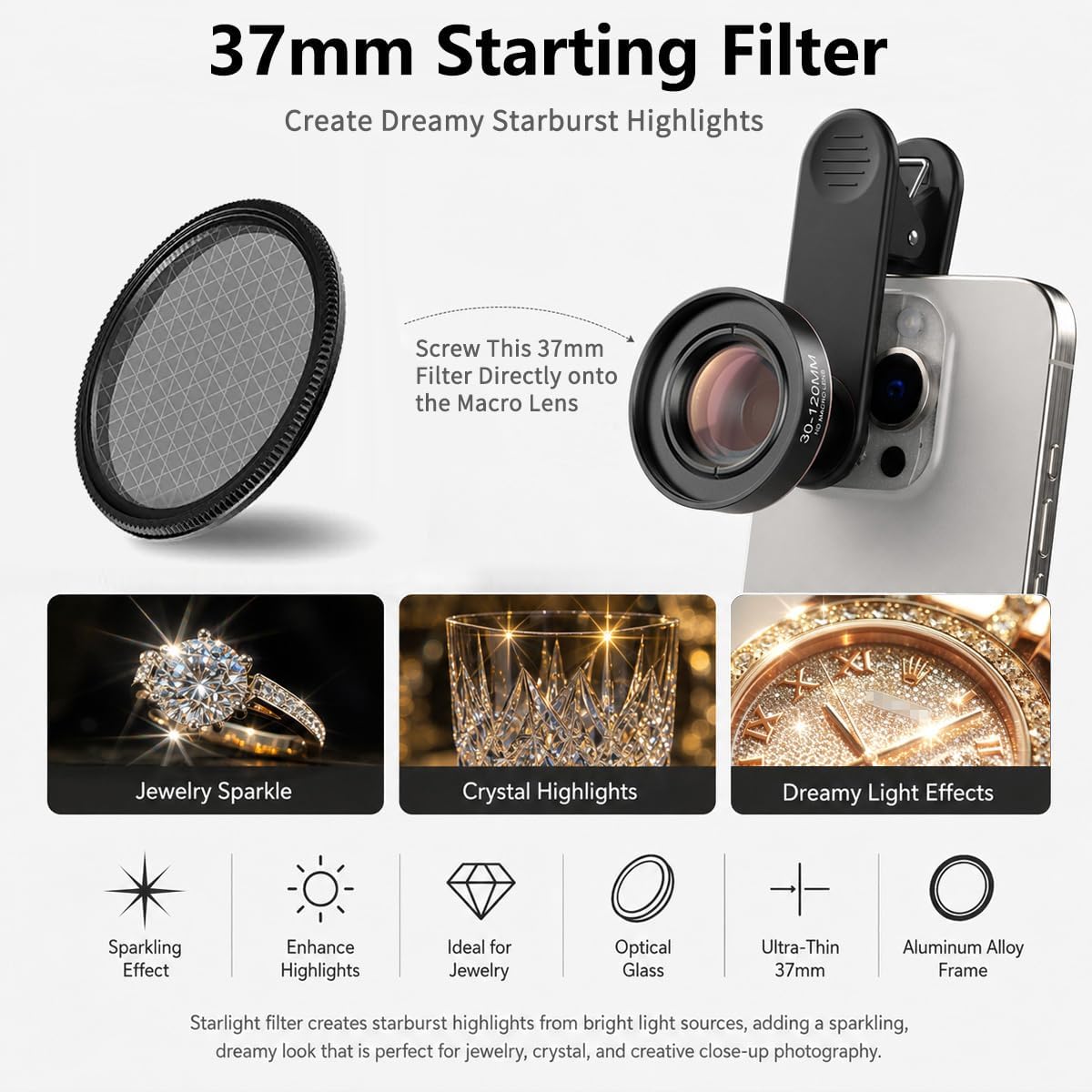 30-120mm Phone Macro Lens Kit with CPL & Starlight Filters HD Close-Up Lens