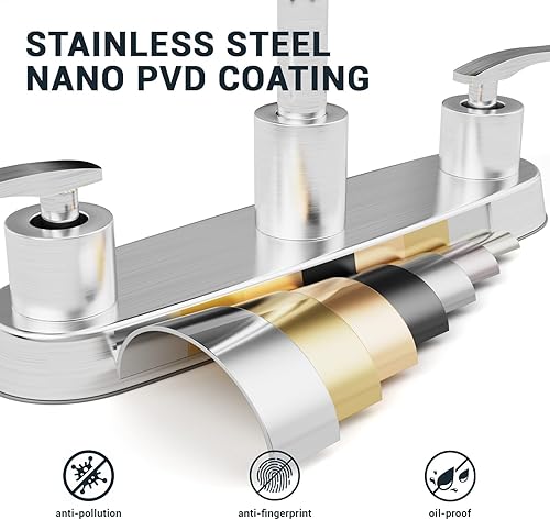 Miniatura 6 de Grifo de cocina con rociador lateral, níquel cepillado de arco alto de 8 pulgadas, 2 asas, acero inoxidable, grifo de fregadero de cocina para 4