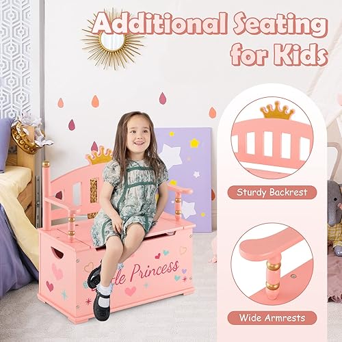 Miniatura 34 de HONEY JOY Caja de juguetes de madera para niños, baúl grande 2 en 1 de almacenamiento de juguetes con asiento acolchado acolchado, asas de Azul,Azul